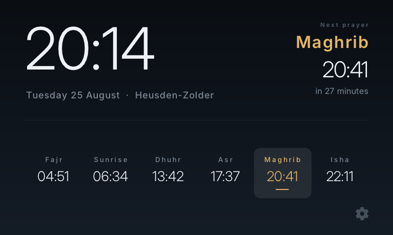 The Adhan Clock home screen: 20:14 in large numerals, Tuesday 25 August in Heusden-Zolder, the next prayer Maghrib at 20:41 marked in gold, and the day’s prayer times along the bottom.