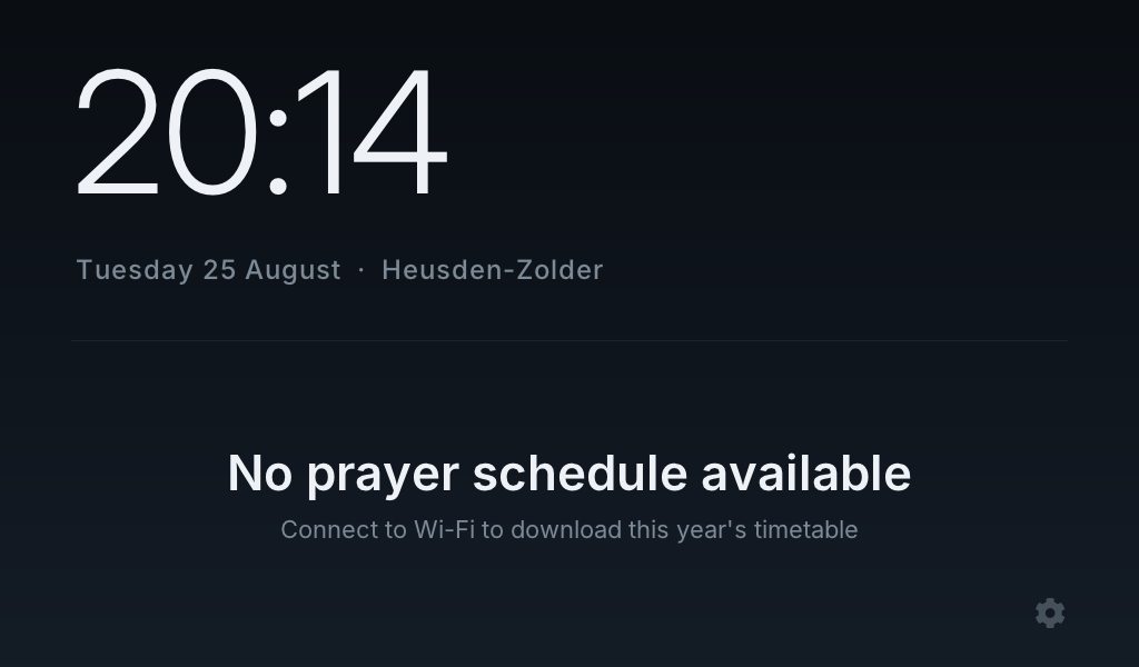 The Adhan Clock home screen with no timetable loaded, asking you to connect to Wi-Fi to download two years of prayer times.