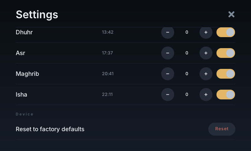 The Adhan Clock settings screen, showing the language, adhan pack, volume and per-prayer switches.