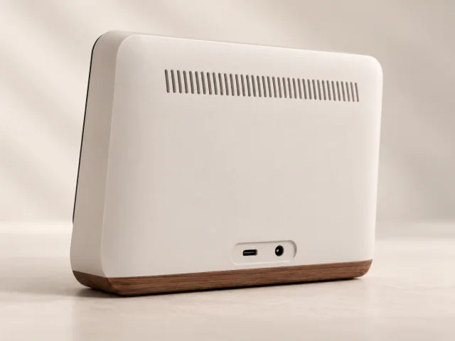 The back of the Adhan Clock: a plain shell with a row of ventilation slots, a USB-C socket and a round power inlet, above the walnut base.