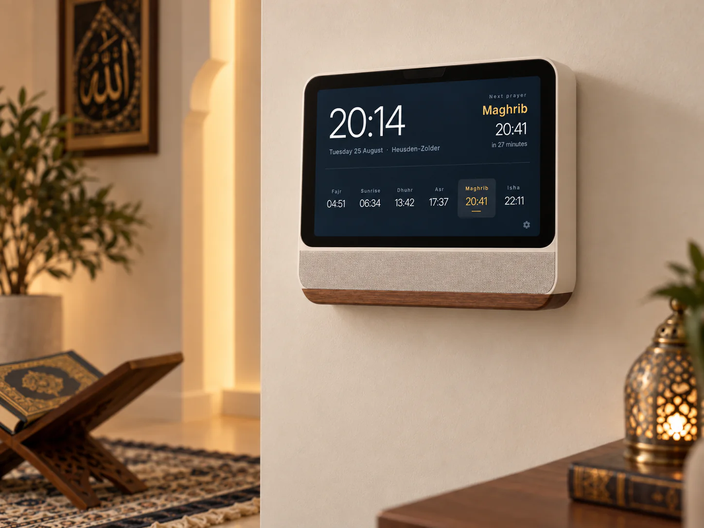 The Adhan Clock mounted flat on a plain wall, its screen showing 20:14 on Tuesday 25 August in Heusden-Zolder, the next prayer Maghrib at 20:41 marked in gold, and the day’s six timetable rows beneath.